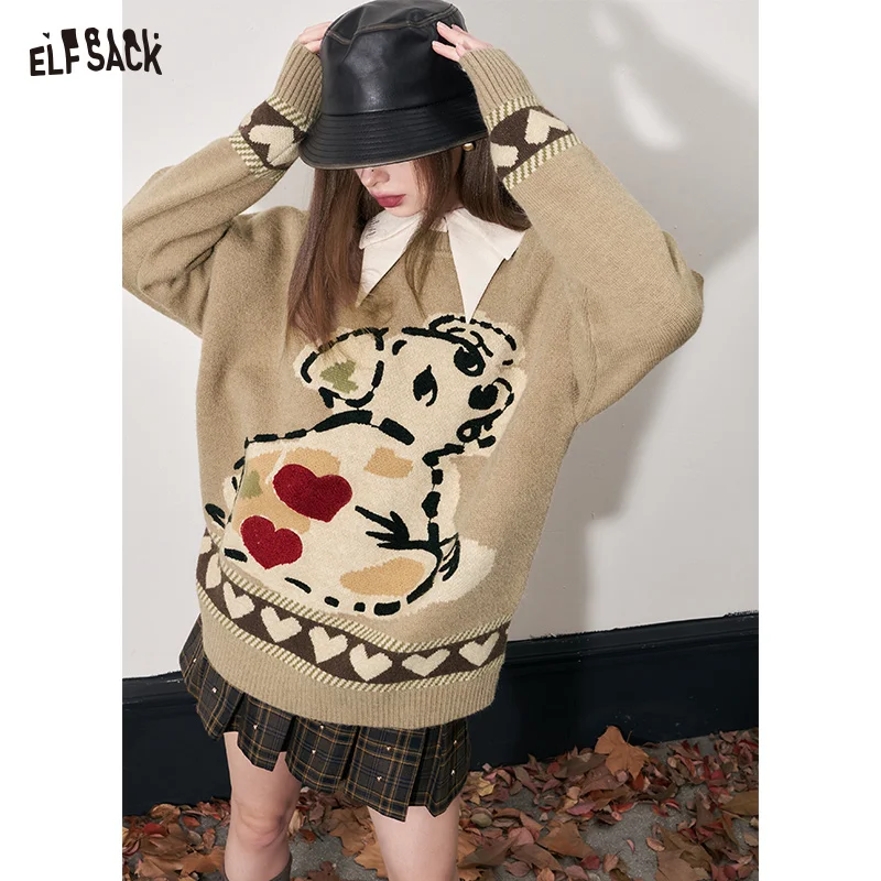 ELFSACK Kawaii Dog Pullover Sweaters Women 2023 Winter Loose Basic Daily Tops