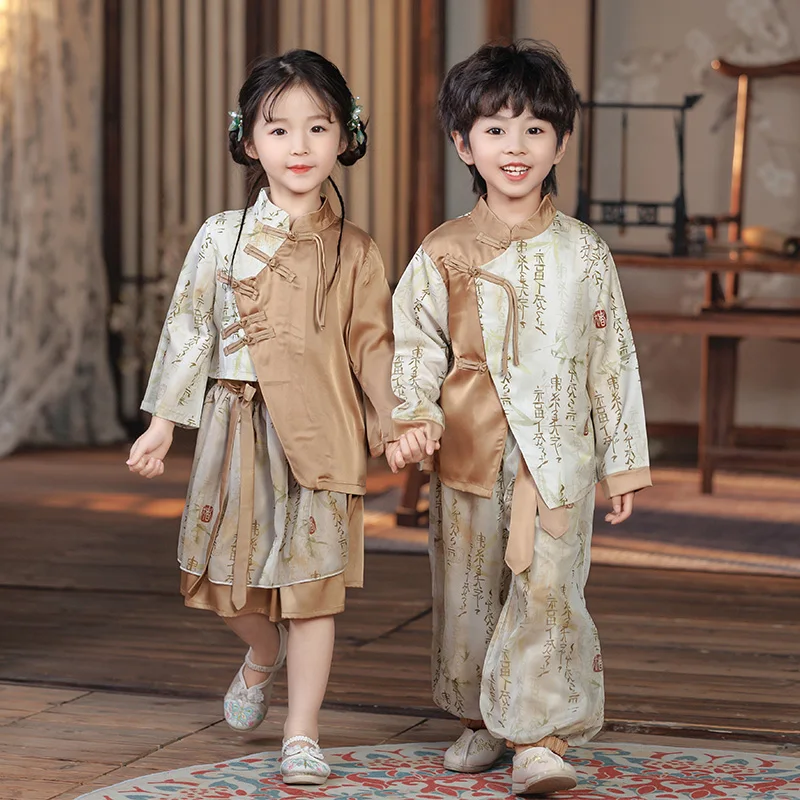 

New Chinese Traditional Clothing Hanfu for Children Girl&Boy 2pcs Set Spring Autumn Vintage Printed Suit Stage Costume Big Size