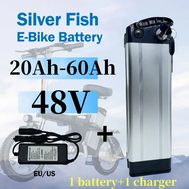 

4-pin 18650 battery 48V 20Ah-60Ah Silverfish style bicycle battery, 48V lithium battery aluminum shell anti-theft lock+charger