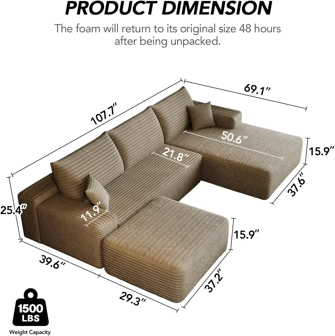 CORDS MODULAR U SHAPE SOFA CAMEL DEEP SEAT 2 SEATER RIGHT FACING CHAISE OTTOMAN