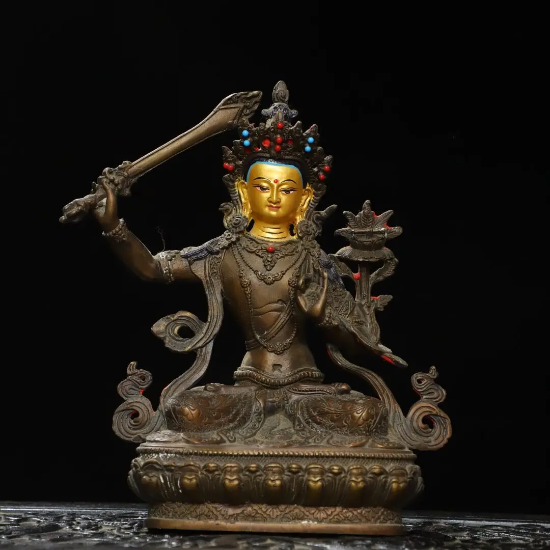 Handmade Sword Manjushri Statue Tibetan Copper Carved Home Desktop Art Decor