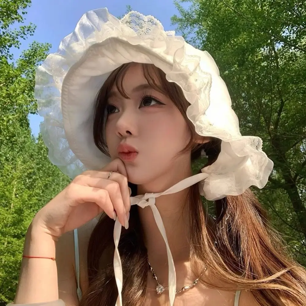 Ins Summer Lace Bucket Hat Lolita Thin Fisherman Hat Sweet White Visor Basin Cap Women