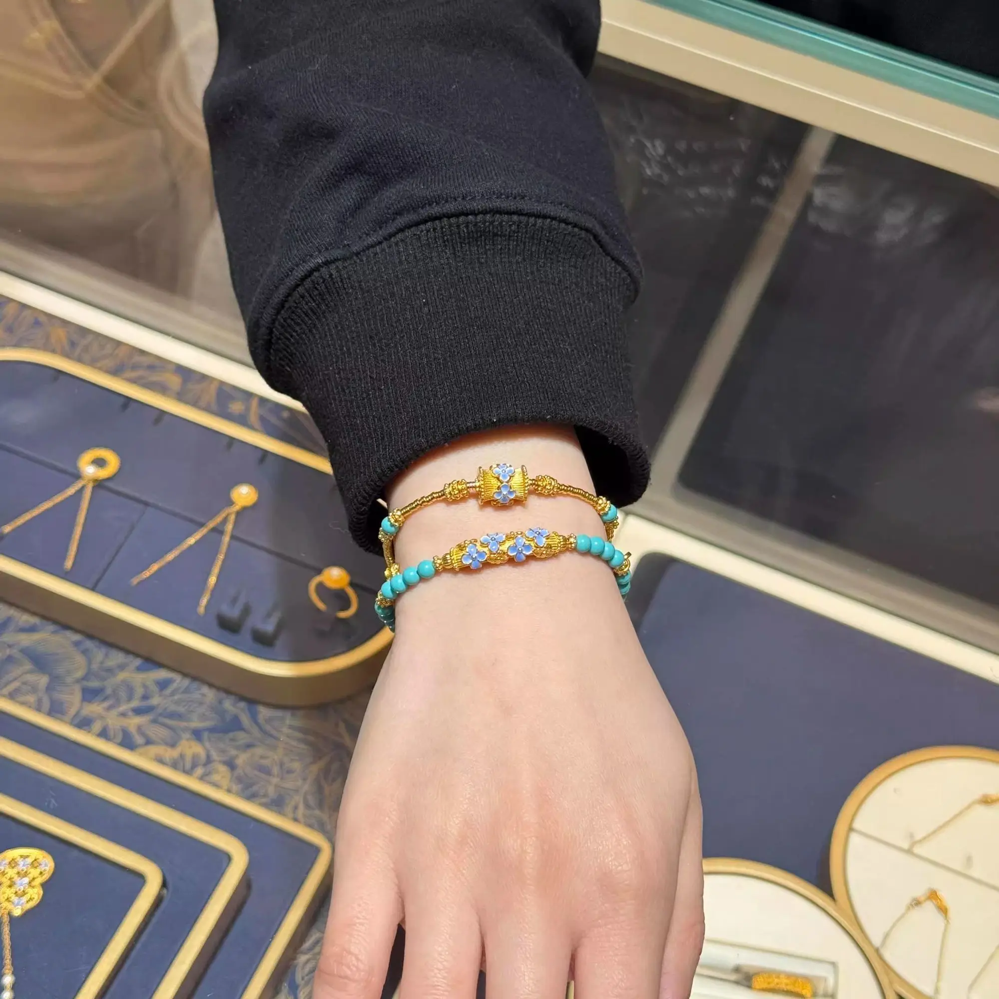 

Натуральный бирюзовый золотистый цвет, эмаль императорского селадона, легкий роскошный нишевый дизайн, многослойный браслет для подарка подруге