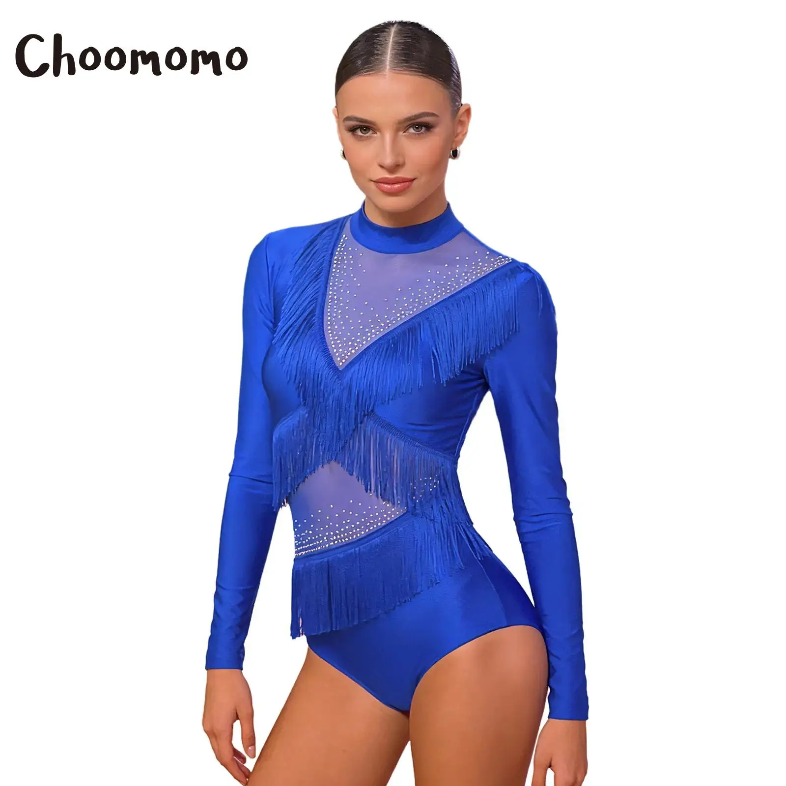 

Women Latin Dance Jumpsuit Rhinestone Gymnastics Ballet Leotard Sheer Mesh Fringed Bodysuit Tango Cha-Cha Skating Dance Costume