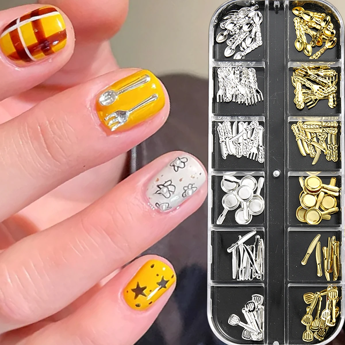 Metal Cutlery, Nail Art Accessories, Forks, Spoons, and Other Accessories; Miniature Simulated Tableware, Nail Jewelry.
