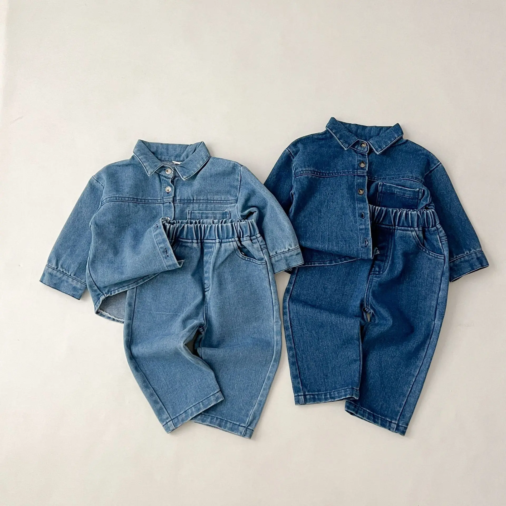 Solid Denim Suit Baby Spring Autumn Long-Sleeved Denim Shirt Jacket Trousers Two-Piece Baby Boys Girls Simple Casual 2PCS
