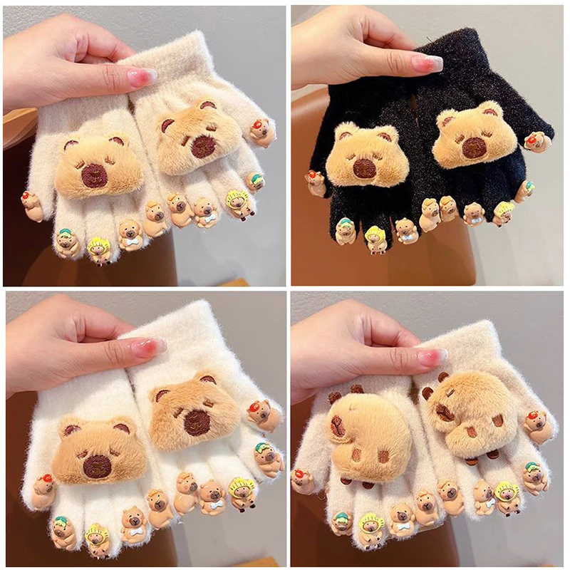 1 пара милых мультяшных перчаток с капибарой, детские зимние толстые перчатки, уличные ветрозащитные теплые перчатки, морозостойкие перчатки с пятью пальцами, подарки