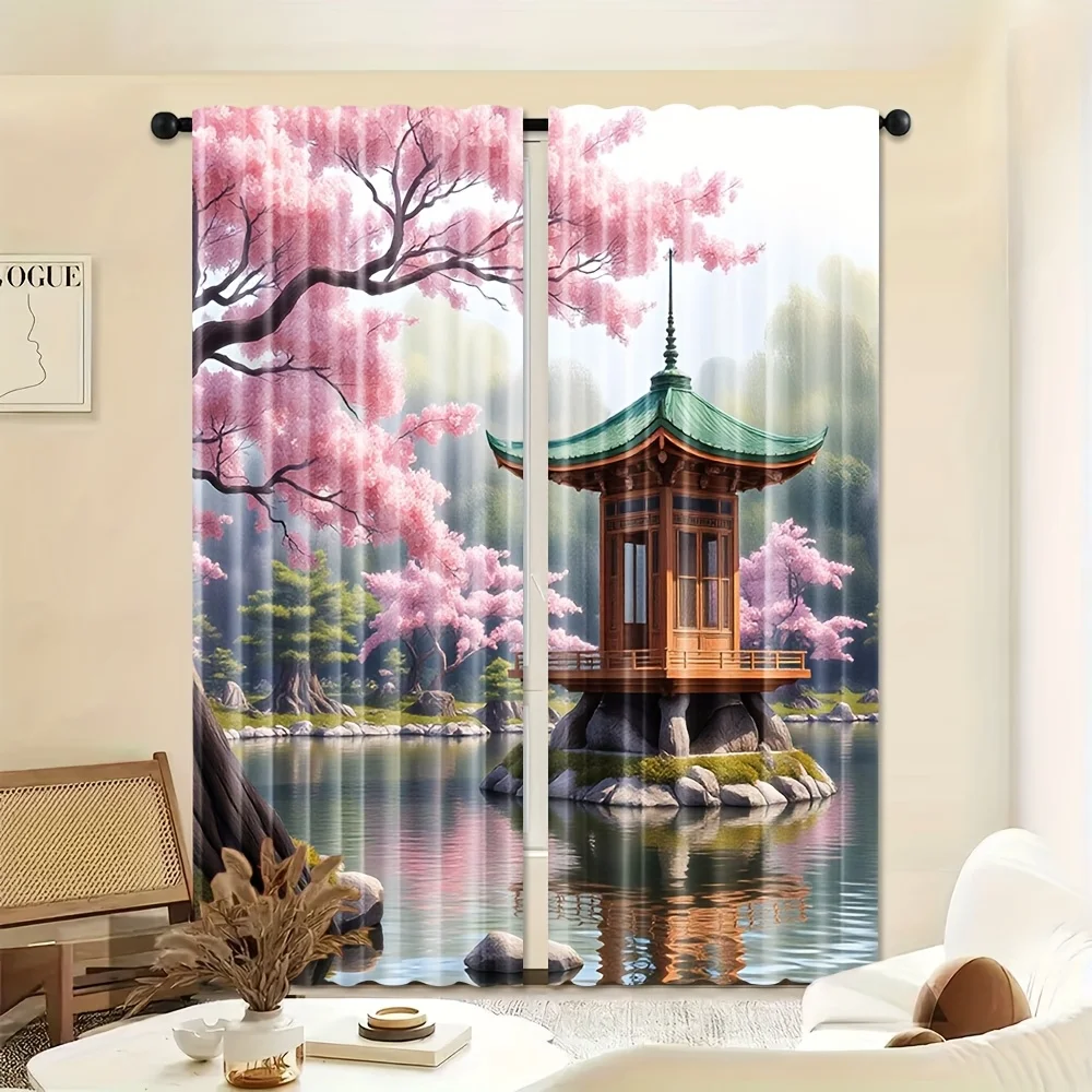Traditional Asian Garden Curtain Cherry Blossom Water Pavilion Print Light Filter Drape For Living Room Bedroom Hotel Indoor