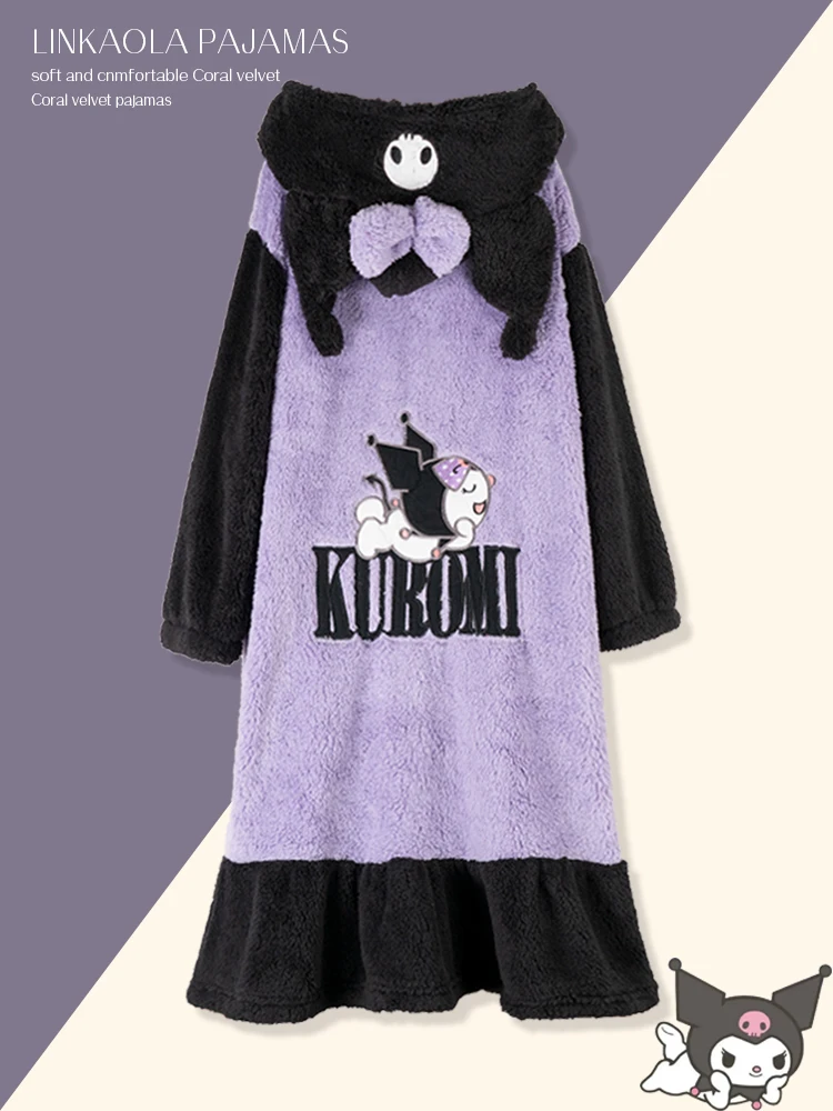 Kuromi Nachtjapon Vrouwelijke Winter Lange Plus Fluwelen Leuke Pyjama Pak Kawaii Student Broek Warme Broek Jas Nachtjapon Kleding Cadeau