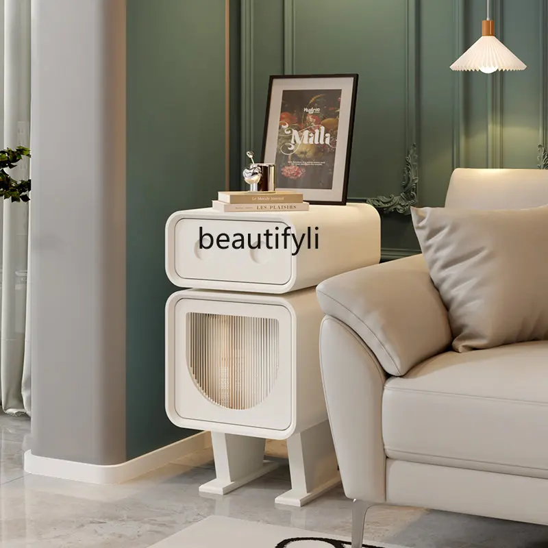 

zq Cream Style Bedside Table Milk White Cabinet Creative Side Cabinet Simple Living Room Side Cabinet Bedroom Storage