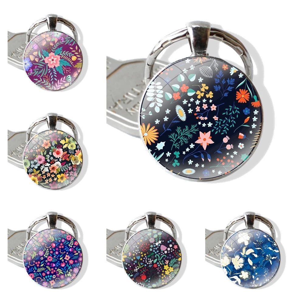 Colorful Flower Floral Background Patterns Keychain Handmade Glass Cabochon Key Ring Holder Pendant Key Chains