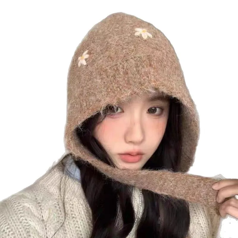 Topi Pullover Hangat Topi Bomber Bordir Bunga Topi Pelindung Telinga Serbaguna Modis Topi Rajut Tebal Topi Rajut Pakaian Jalanan