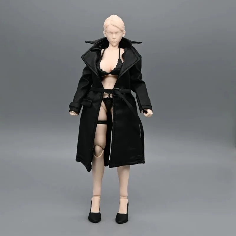 

1/12 Scale Female Soldiery Pu-leather Coat Black Long Windbreaker Clothes Model Accessor for 6'' Action Figures Body Collection