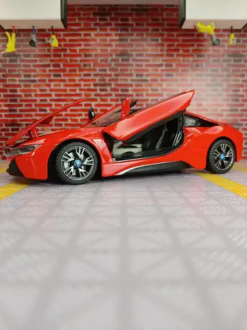 rastar 1:24 BMW I8 legering supersportwagen model auto ornamenten collectie deuren en kappen kunnen worden geopend om jongenscadeaus te geven.