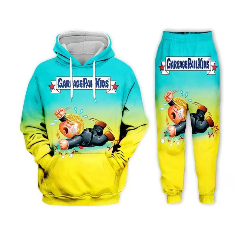 Balde de lixo engraçado dos desenhos animados 3D impresso Hoodie e calças conjunto masculino, agasalho, terno Hip Hop, moletons casuais com capuz infantil, venda quente