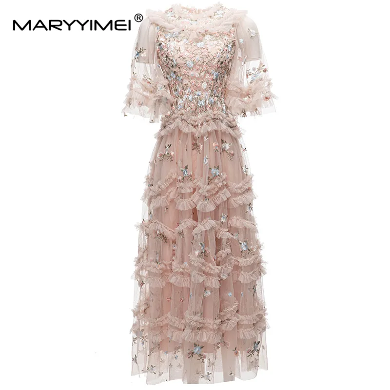 MARYYIMEI Fashion Designer Summer Women's dress Short sleeved Flower embroidery Edible Tree Fungus Elegant Mesh Dresses