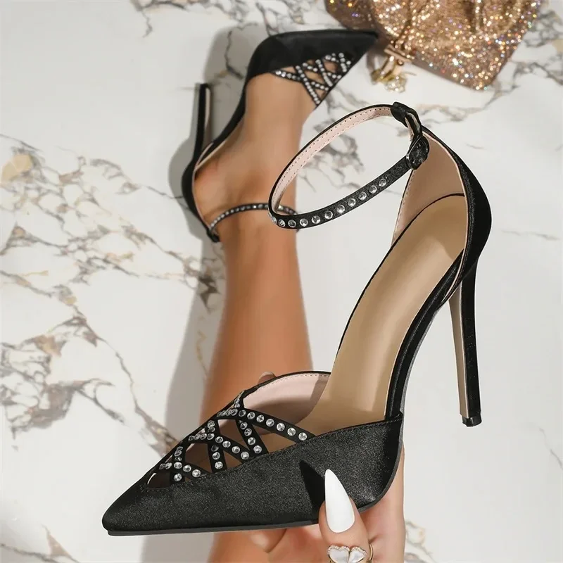 Women's Pointed Toe Satin Rhinestone Crisscross Cut Out Ankle Strap Stiletto Heel Pumps Elegant Party Footwear Drop Shipping