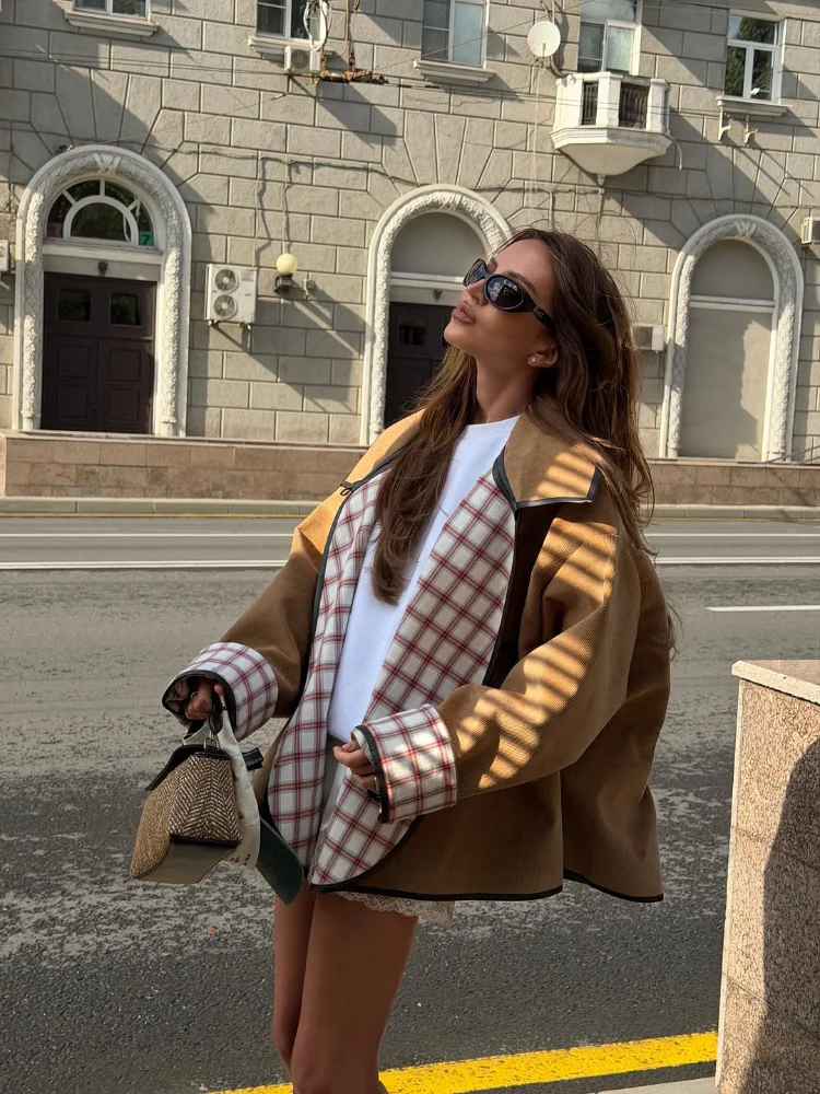 New Daily Casual Oversized Jacket For Women Plaid Lining Contrast Binding Lapel Open Front Loose Long Sleeve Autumn Outer Coat