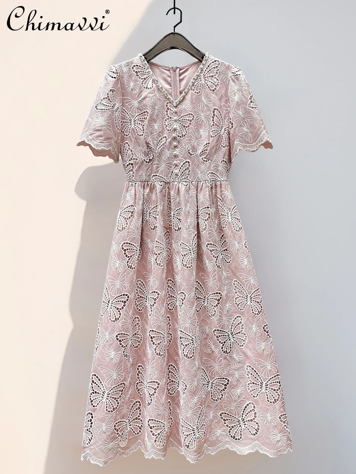

French Elegant Temperament Heavy Industry Beaded Sequin Embroidery V-neck Short Sleeve High Waist A-line Long Party Dress Women