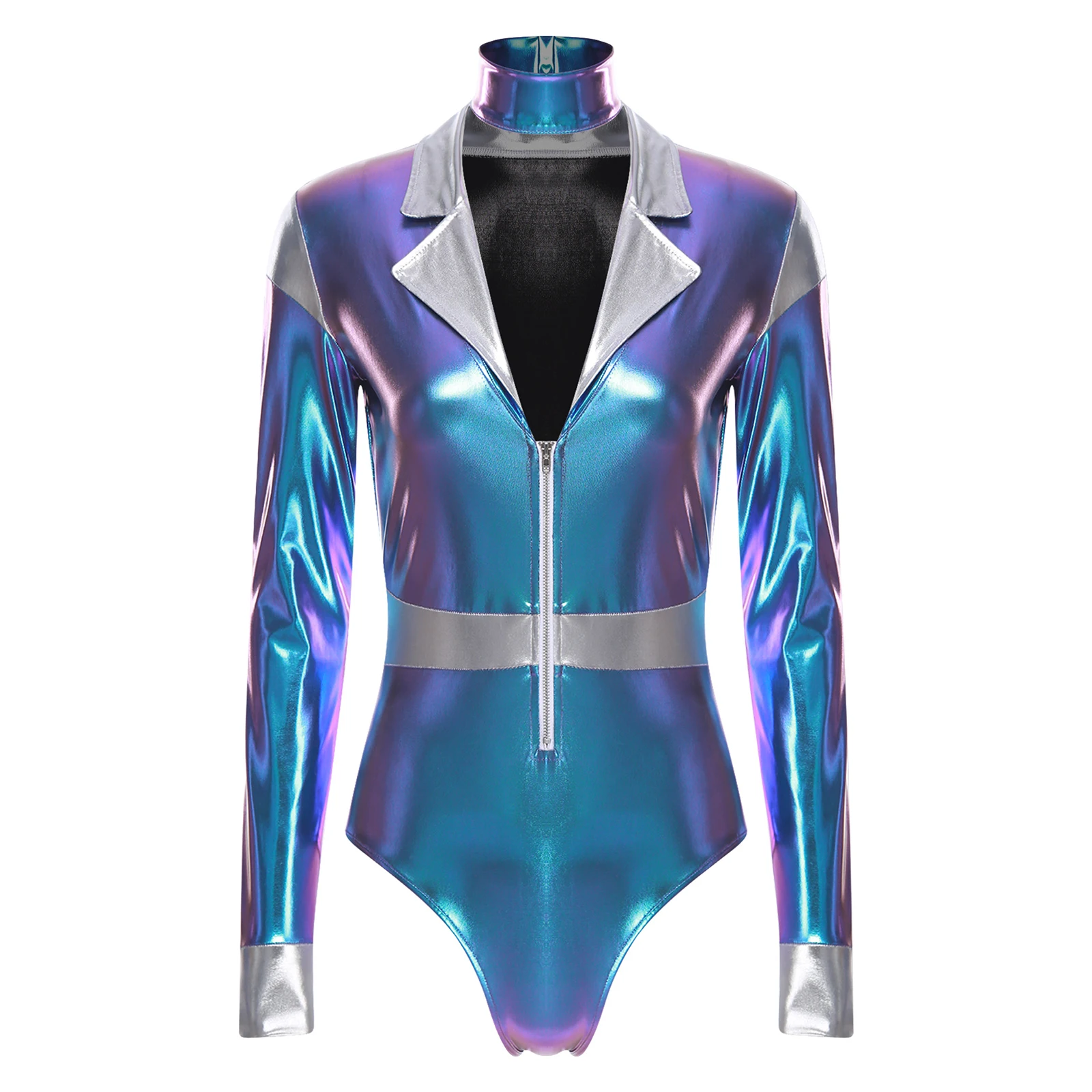 

Women Metallic Bodysuits for Space Alien Astronaut Robot Cosplay Jumpsuit with Choker for Halloween Carnival Role Play Uniforms