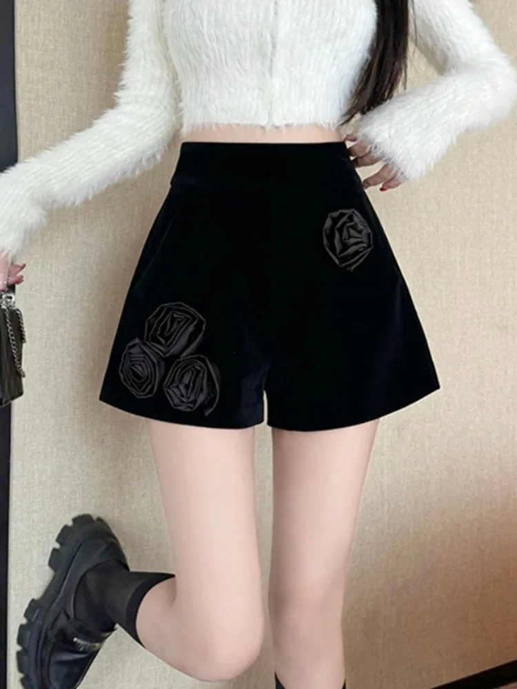 New Pleated Three-dimensional Flower Velvet Shorts Elegant Lady High Waist Boots Pants Women High Waisted Shorts 2025 New