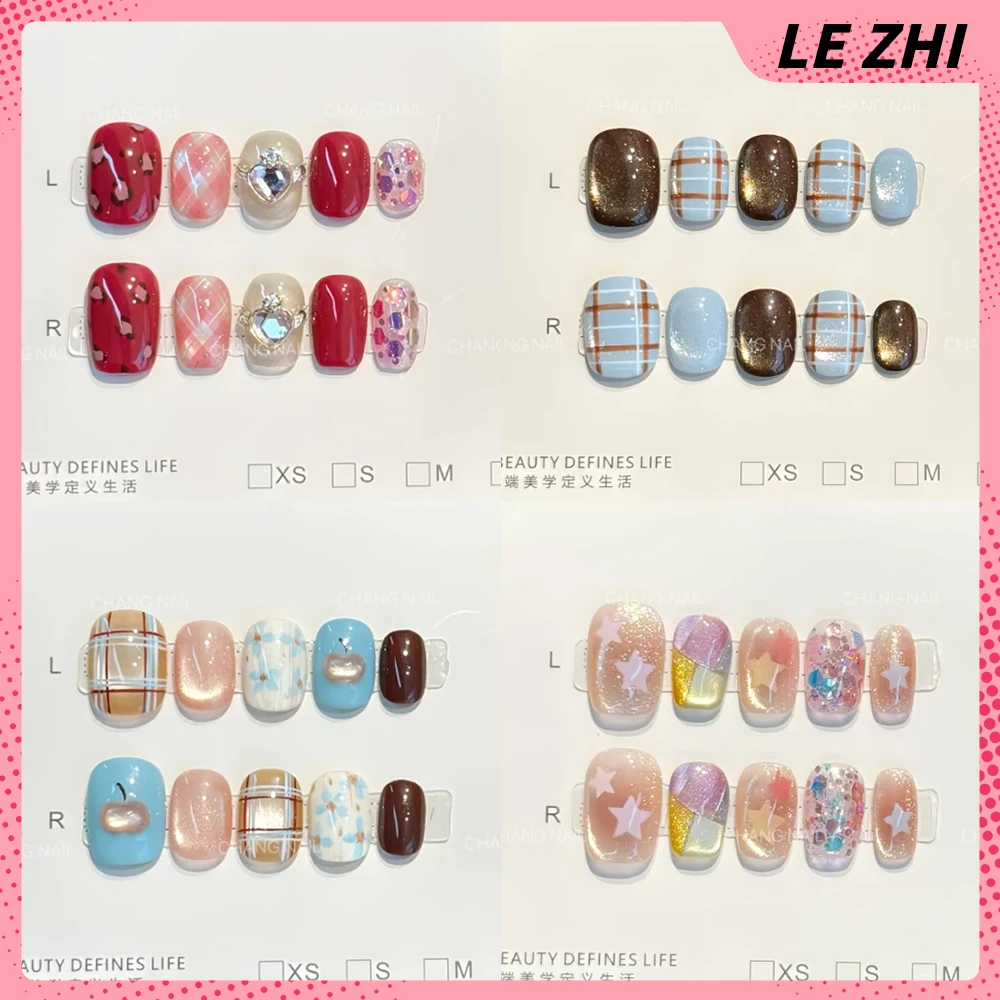 

10Pcs Beautiful Cute Handmade Short Square Round Press On Nails Glitter Cat Eyes Sequins Stars Leopard Print Full Cover Nails