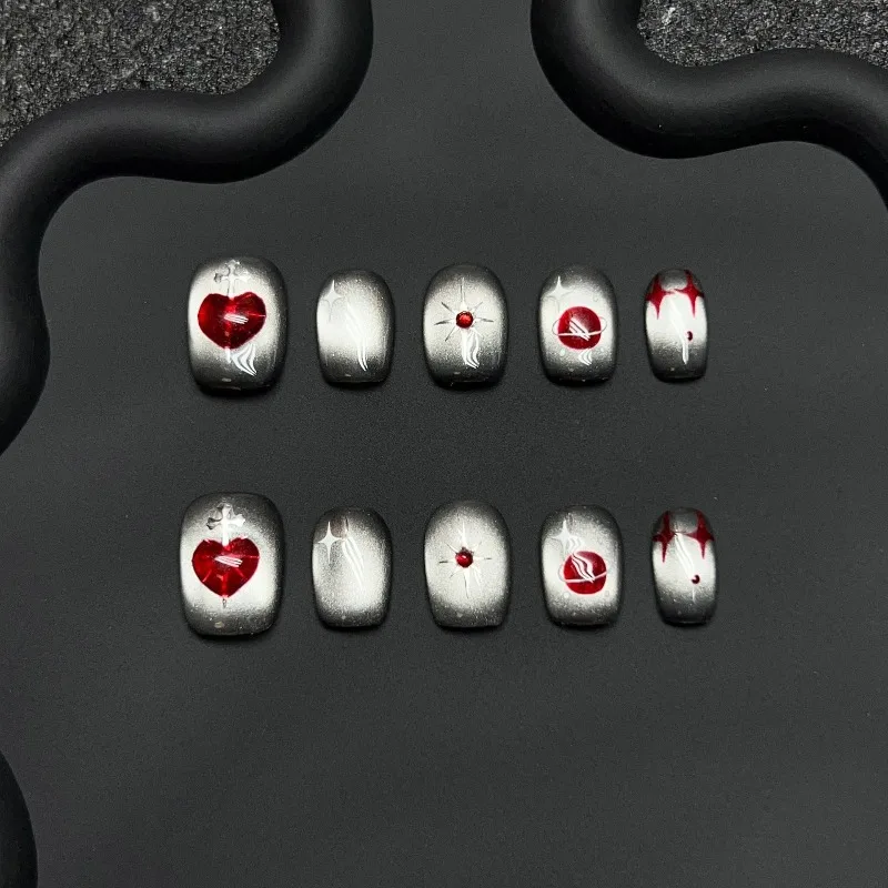 

10 Штук Звезды Река Готика Ручная Работа Накладные Ногти Черная Кошка Глаза Красное Сердце Милые Красивые Искусственные Ногти Съемные Многоразовые