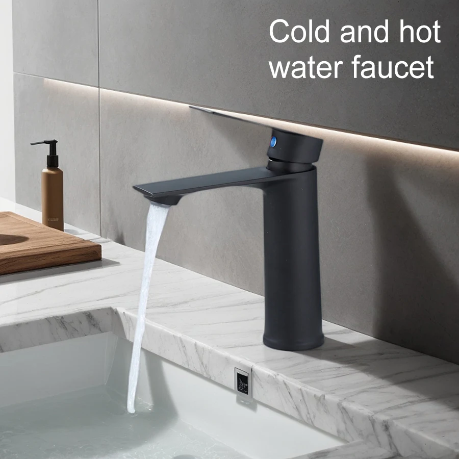 

Basin Faucet Single-Hole Hot and Cold Mixing Valve Bathroom Washbasin Faucet Under-Counter Basin Special Matte Black Modern Minimalist Round Spout Complete Installation Accessories