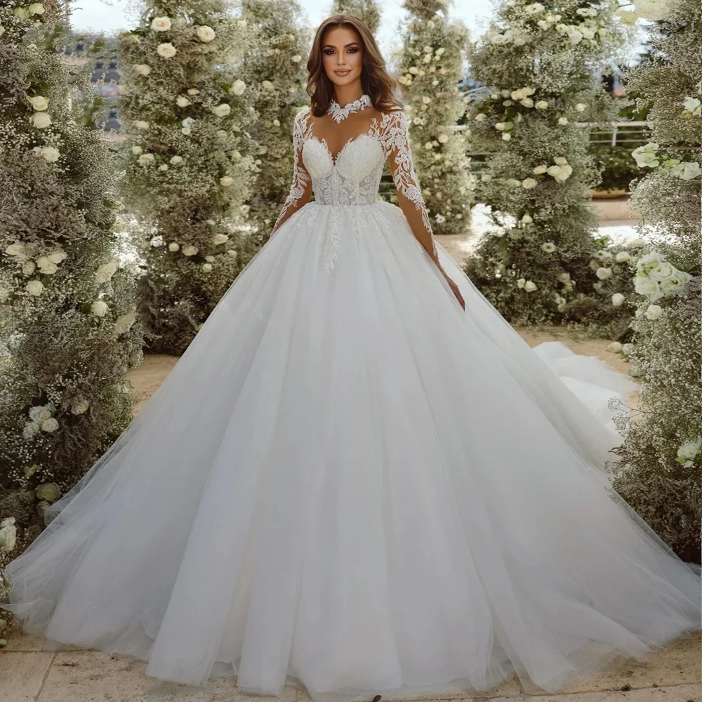 فساتين زفاف أنيقة حريرية من الأورجانزا مطرزة بالخرز وياقة عالية وأكمام طويلة تنانير الزفاف حسب الطلب #1