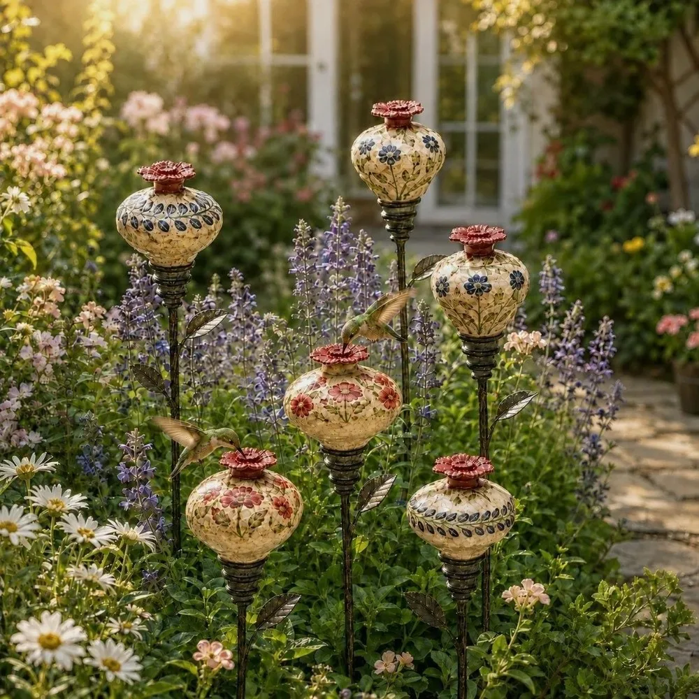 Vintage Hummingbird Feeder Garden Stake Hand Painted Iron Art Flower Shaped Bird Feeder Rust-resistant Metal Stand