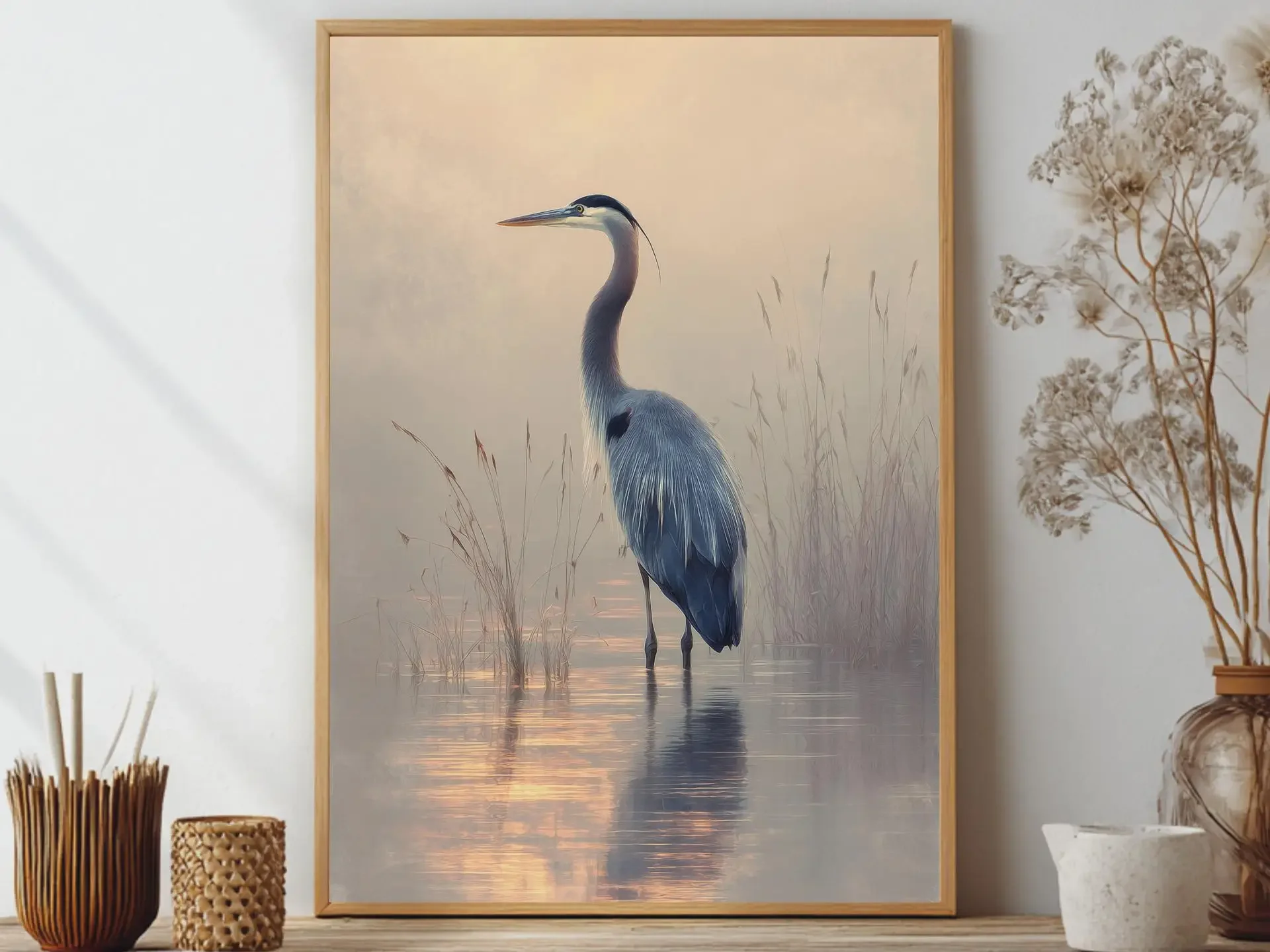 Blue Heron in Wetlands Posters Wildflower Lake House Bird Classic Prints Canvas Painting Wall Art Picture Home Living Room Decor