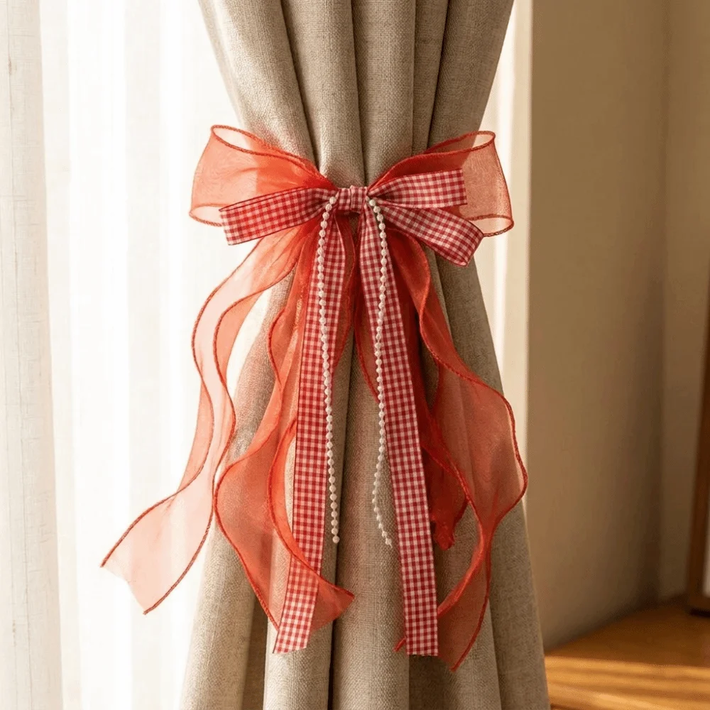 Beautifully Red Plaid Bow Curtain Tiebacks Strawberry Design Decorative Curtain Rope Adjustable Curtain Buckle Rustic Home