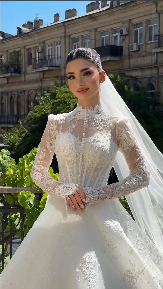 Vintage High Neck Wedding Dresses Long Sleeves Floral Lace Appliques Pearls Corset Bridal Gowns Vestidos De Novia Customized view 4