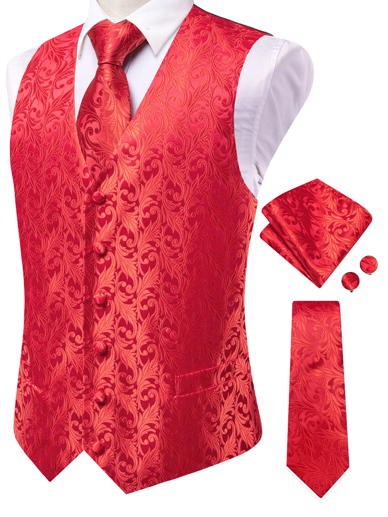 Herren Orange Blau Schwarz Tropische Pflanzen Jacquard Anzugweste Taschentuch Manschettenknöpfe 4-teiliges Set für Hochzeitszeremonien – Detail 2