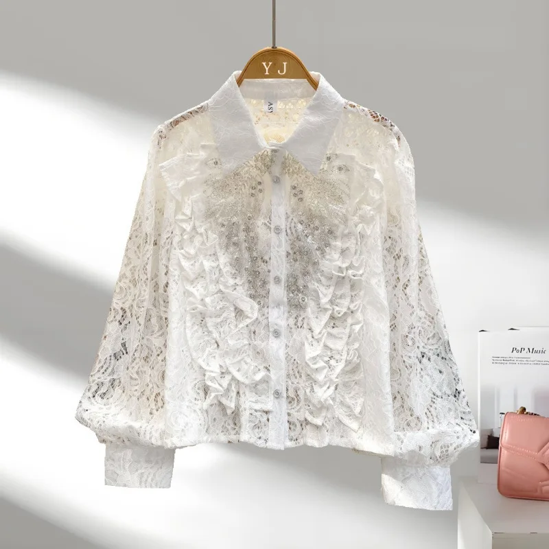 Franse stijl licht luxe socialite zwaar borduurwerk kralen pailletten shirt met lange mouwen voor dames, modieus veelzijdig hol