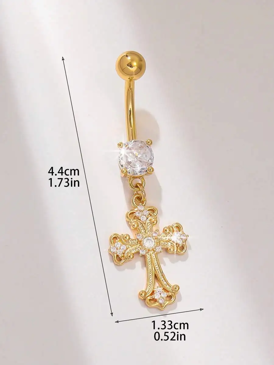 Piercing de ombligo con cruz en tono dorado, con cristal redondo grande y diseño de diamantes de imitación, adecuado para uso diario, fiestas, playa