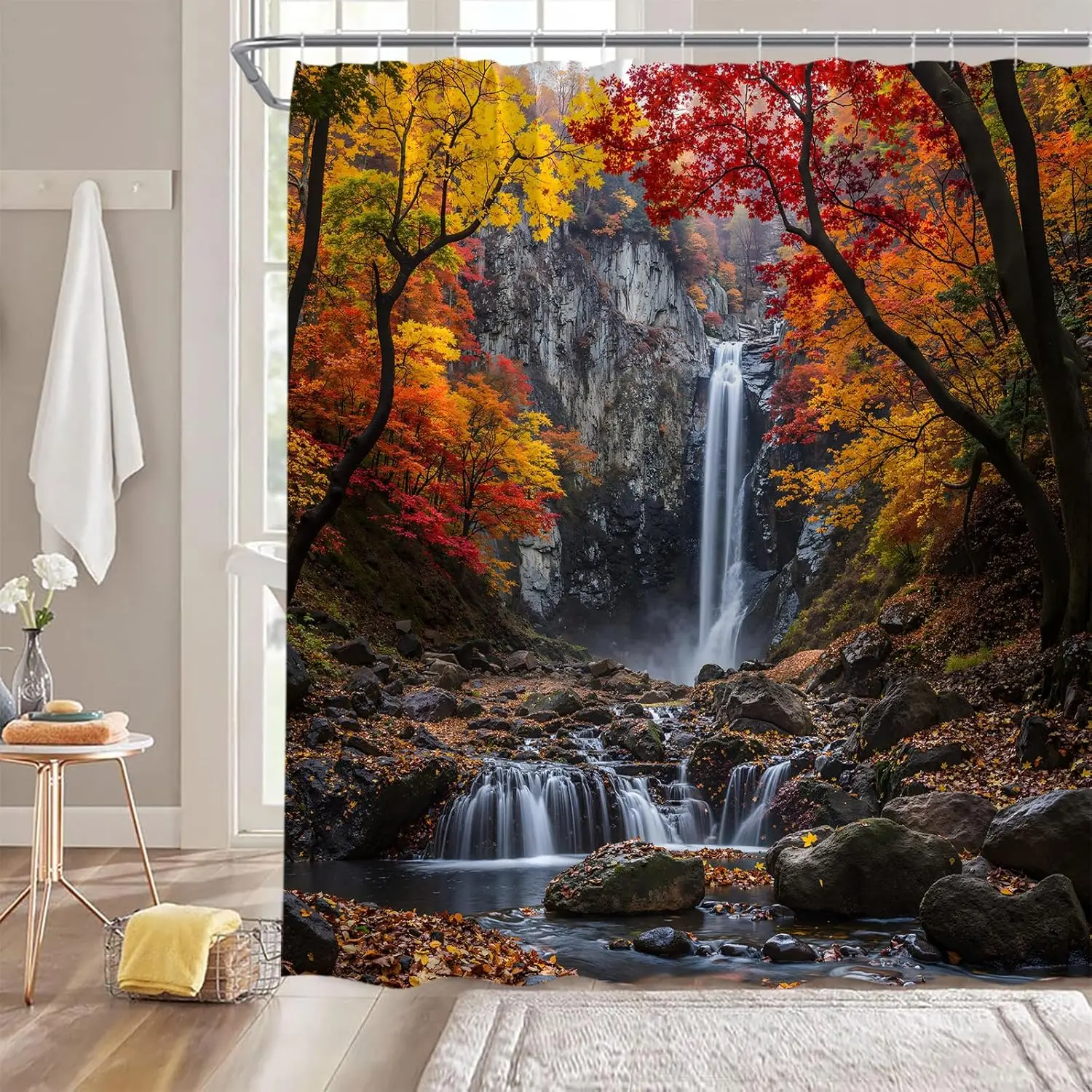 Forest Waterfall Shower Curtain Fall Nature Landscape Maple Tree Leaves Mountain Waterfall Autumn Scenery Bathroom Decor Fabric