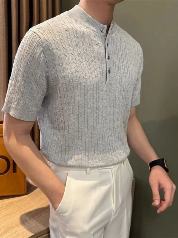 

Summer American Casual Henry Collar Knitted irt Men's Tweed Texture Retro Slim Fit Elastic ort Sve T-irt