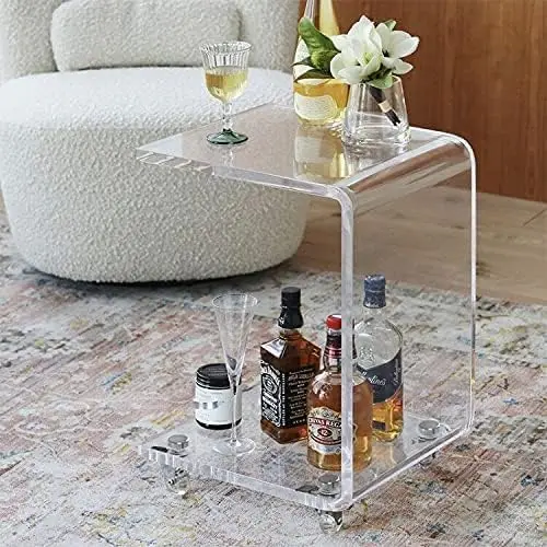 Mobile C Shaped End Table,Acrylic Sofa Side Table, Snack Table On Wheels,Clear Rolling Table image 3