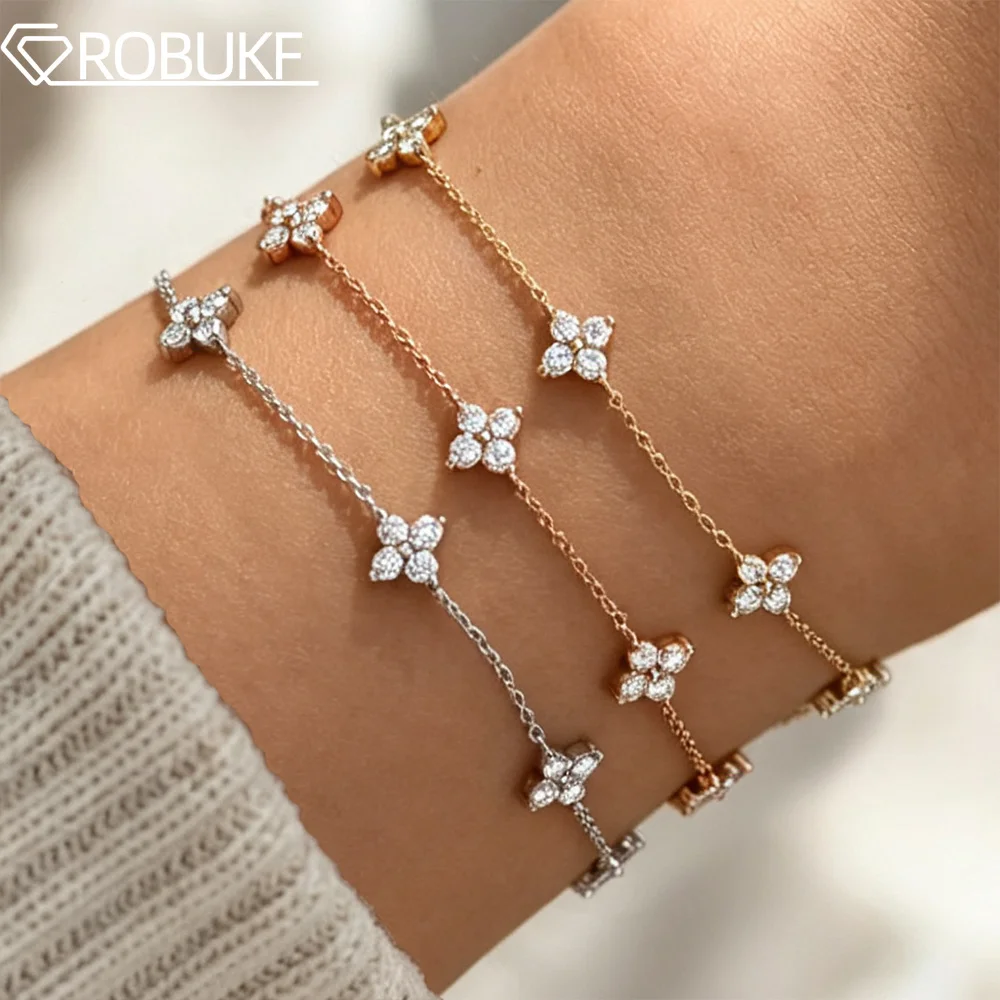 2mm Four Leaf Clover Moissanite Bracelet for Women Round Cut Lab Diamond Dainty Adjustable Link Chain 925 Silver Jewelry Gifts