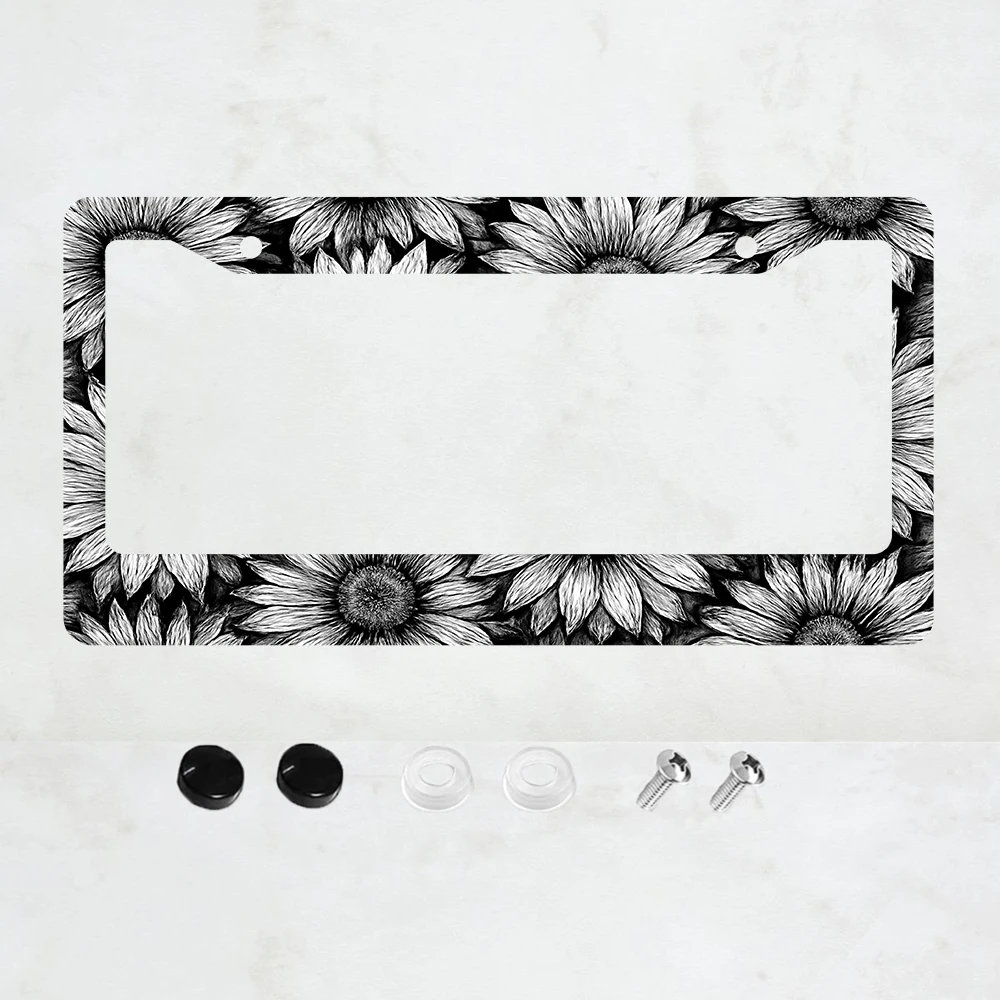 

1PC 2-Hole License Plate Frame, Black and White Sunflower Design, Aluminum, 6x12 Inches, with Screws, USA Canada Standard Size