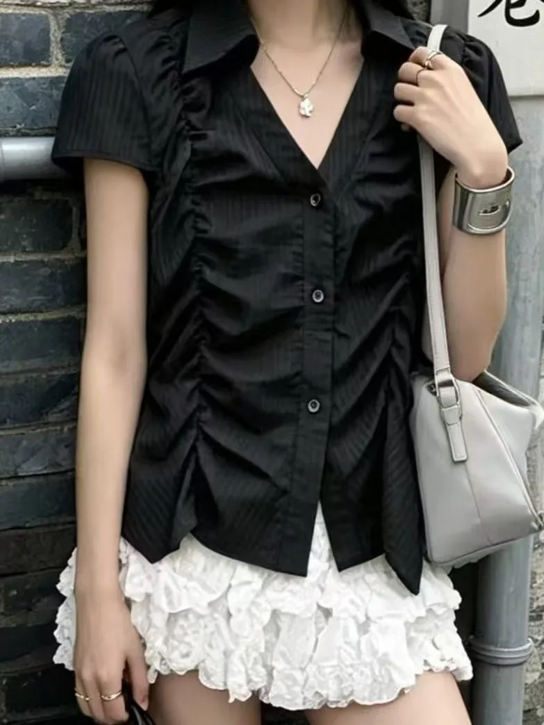Summer Thin Pleated Slimming Women's Short Sleeve Shirt Korean Style Unique Beautiful Pure Desire Atmosphere Blouse