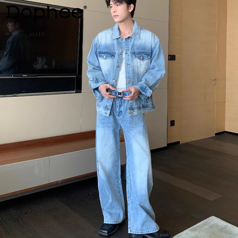 

Fashion Denim Sets Men 2025 Autumn New Cotton Simple Versatile Trend Stylish Jackets Pants Sets Male Handsome Chic Trousers Sets