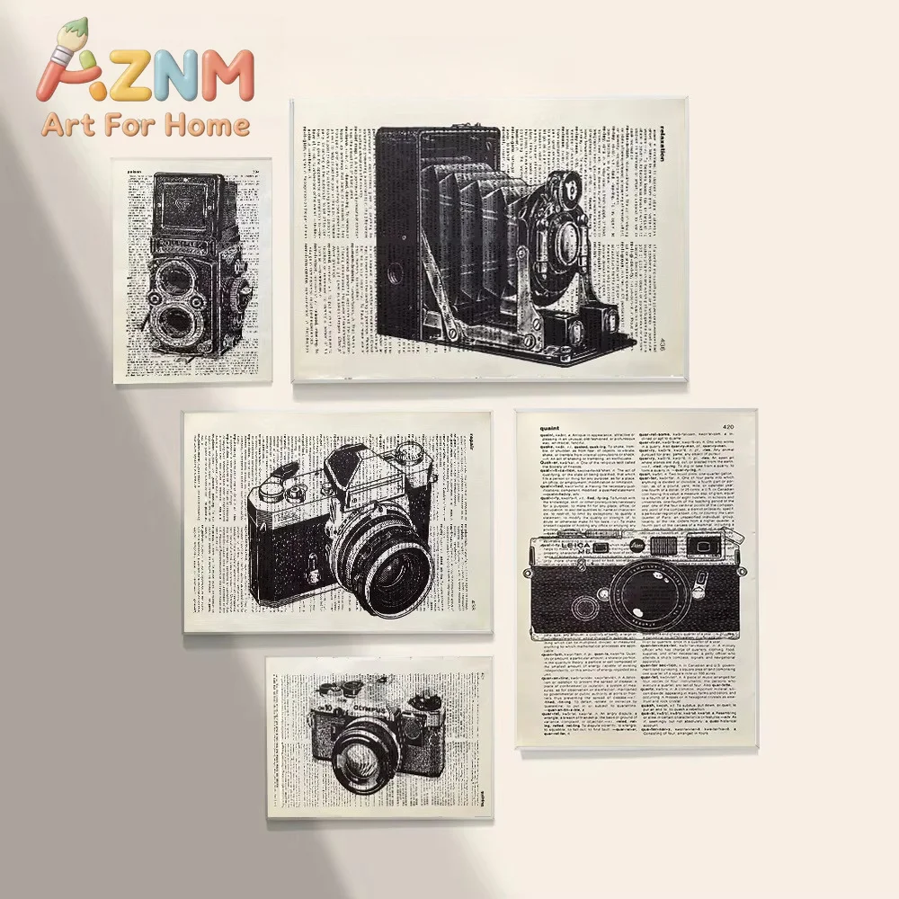 AZNM Vintage Old Camera Newspaper Canvas Wall Art, Retro Camera Sketch Print, Decor for Studio, Photography Room and Office