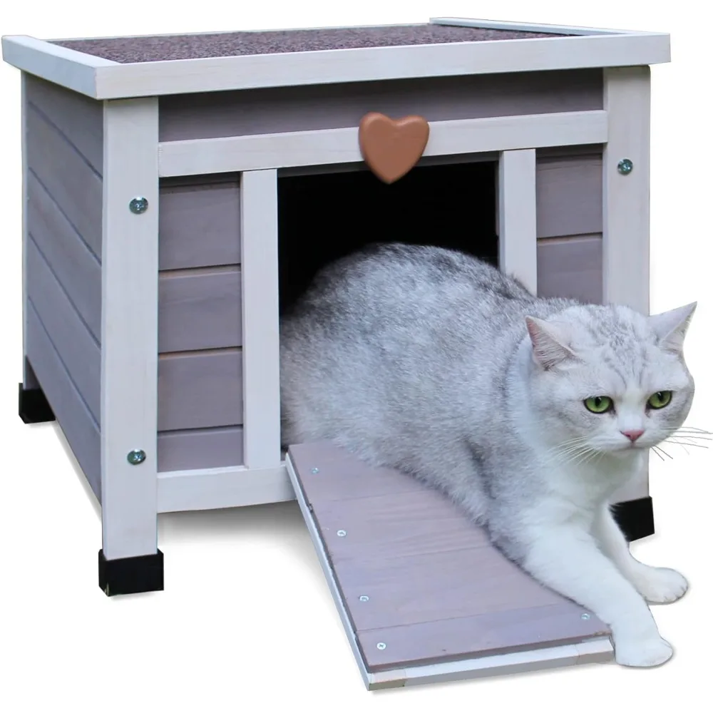 Deblue Weatherproof Cat House for Outdoor Cats, Wooden Small Pet House Outside, Feral Cat Shelter with Elevated Floor and Lockab