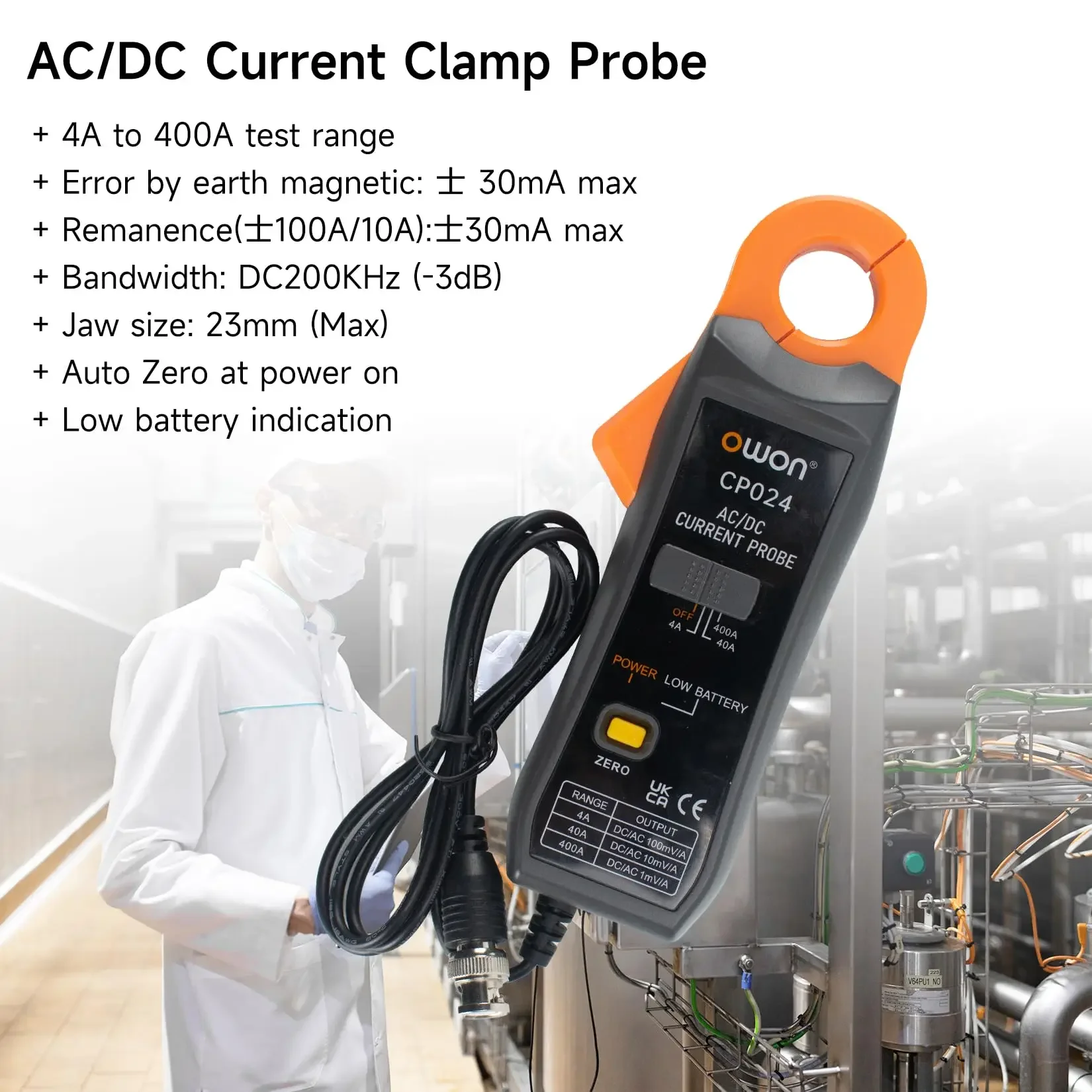 Owon cp024 ac dc braçadeira sonda testador dc/ac sonda de corrente para armazenamento digital osciloscópios mandíbula triplo engrenagem braçadeira de corrente escopo