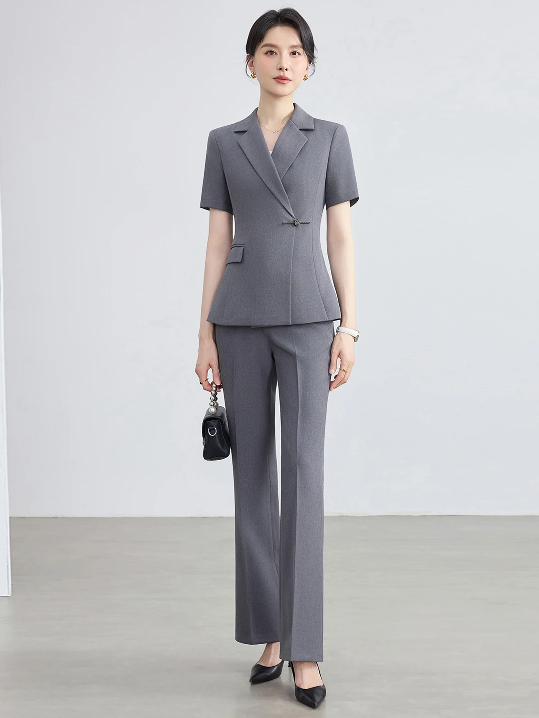Gray Short Sleeve Suit Jacket Women Summer Thin Formal Interview Outfit Professional Style New Model Polyester Fiber Anti-Wri...