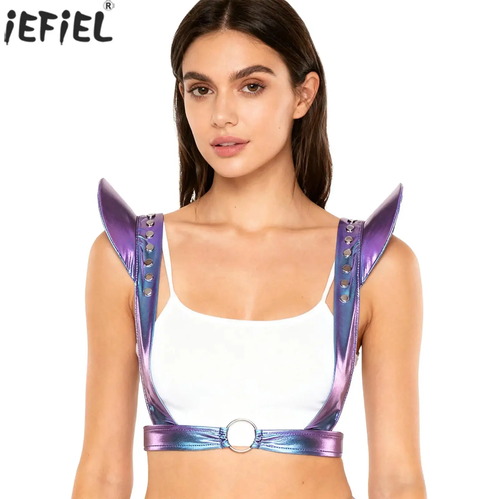 

Women Metallic Shoulder Chest Harness Cosplay Accessory Fly Sleeves with Flat Round Rivets Punk Body Belt Body Accessories