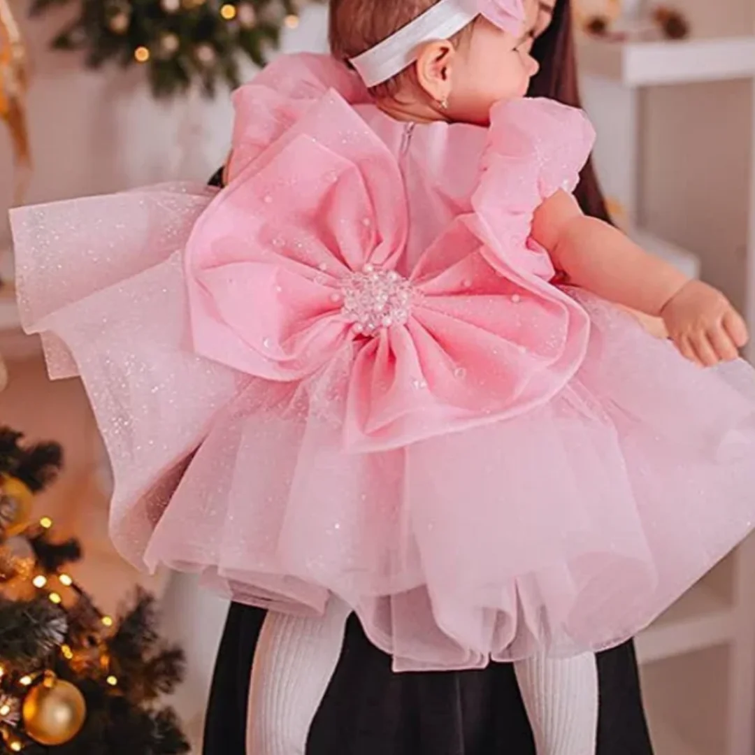 Pink Flower Girl Dresses for Wedding Kids Bow Christening Princess 1st Birthday Children Tutu Baby Girl Clothes Customized