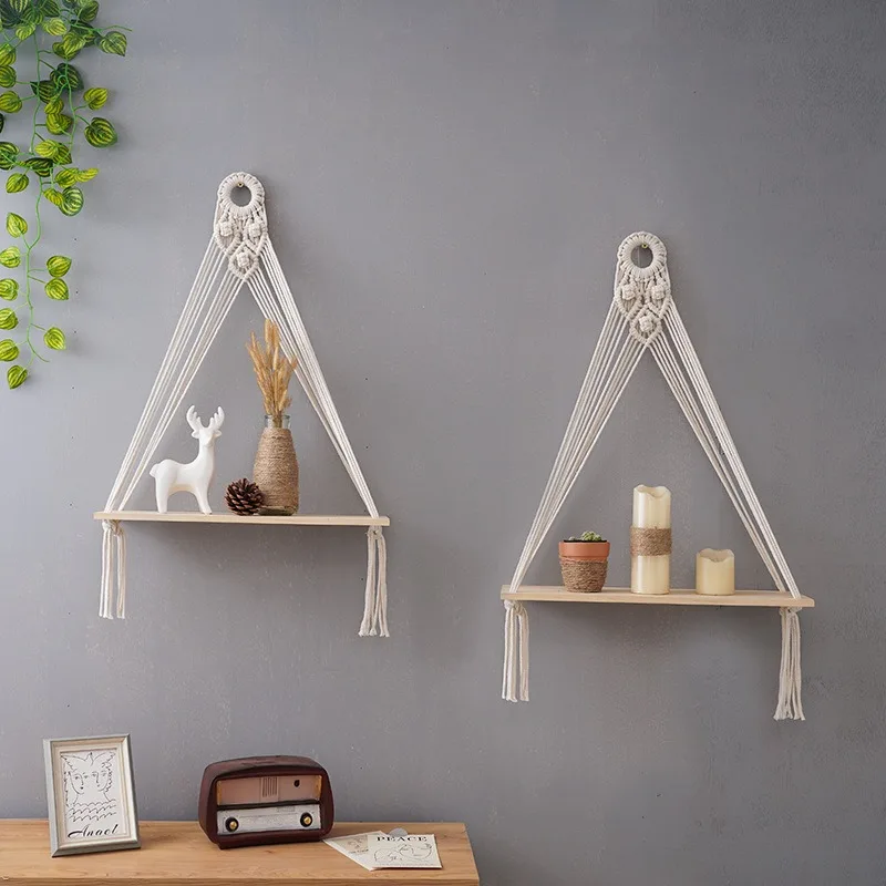Estante minimalista DIY de cuerda de algodón bohemio para tapiz tejido, decoración del hogar de estilo europeo, soporte de exhibición de madera para sala de estar y casa de huéspedes